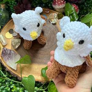 Puede incluir: Dos peluches de búho de crochet con pelaje blanco y patas marrones. Los búhos tienen picos amarillos y ojos negros. Los búhos están sentados sobre una superficie de madera con cristales y monedas.