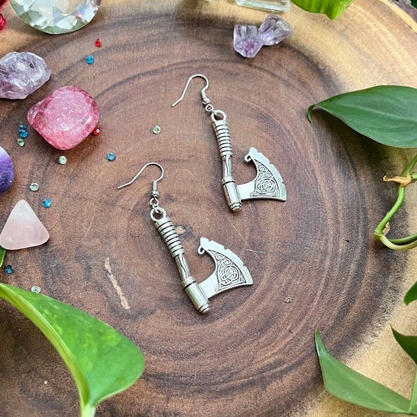 Fantasy Axe Earrings, Celtic Axe Earrings, Dwarf Earrings, Barbarian Earrings, God of War Inspired Earrings, Dungeons and Dragons Earrings