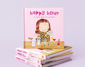 May include: A stack of four pink and brown paperback books titled "happy hour" with a cartoon illustration of a woman making a cocktail on the cover. The text "A little book of cocktails" is printed below the title.