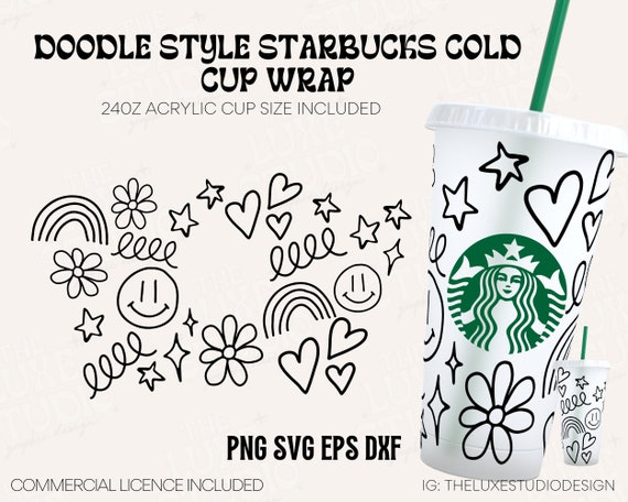 Doodle Smiley Faces Starbucks Cold Cup Wrap, Presized acrylic tumbler wrap,  smiley face svg, doodle clip art, easy to use cut files