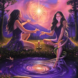 May include: An ethereal painting depicts two figures in purple dresses, seated near a reflective pool with a galaxy design. A bright starburst illuminates the sky above a mountain range. A candle burns between them, enhancing the mystical theme.