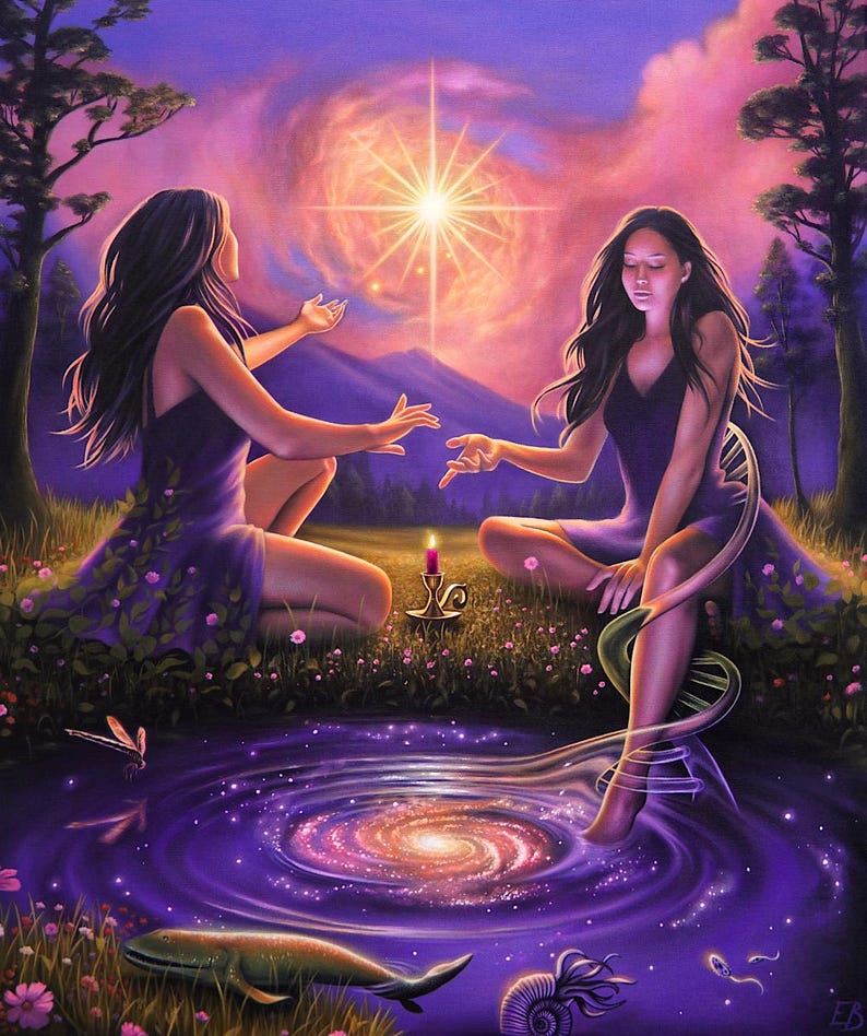 May include: An ethereal painting depicts two figures in purple dresses, seated near a reflective pool with a galaxy design. A bright starburst illuminates the sky above a mountain range. A candle burns between them, enhancing the mystical theme.