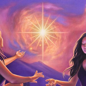 May include: An artistic painting depicts a radiant starburst in a swirling, colorful nebula. Two figures, with outstretched arms, appear to be reaching towards the light. The background features a mountain range under a purple and pink sky.