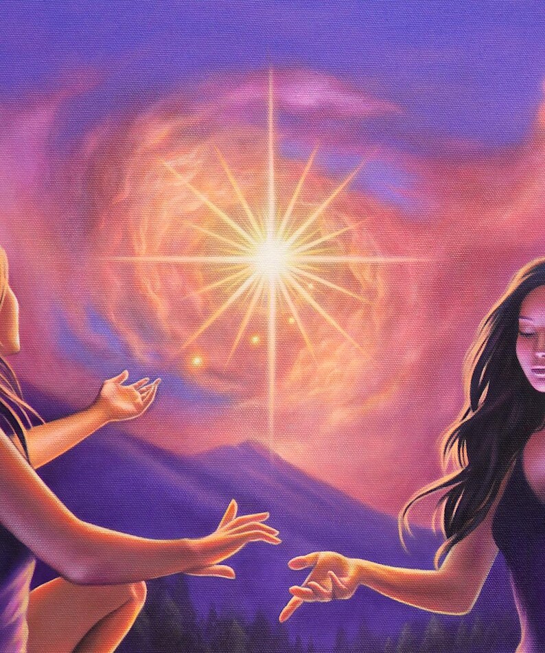 May include: An artistic painting depicts a radiant starburst in a swirling, colorful nebula. Two figures, with outstretched arms, appear to be reaching towards the light. The background features a mountain range under a purple and pink sky.