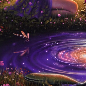 May include: A fantasy art print featuring a purple galaxy swirling in a pond. A dragonfly hovers above the water, and a whale swims below. Pink flowers and green grass surround the pond, and a figure in a purple dress is visible.