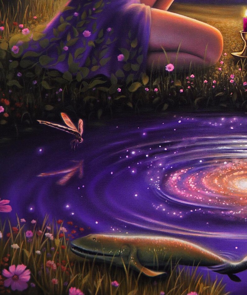May include: A fantasy art print featuring a purple galaxy swirling in a pond. A dragonfly hovers above the water, and a whale swims below. Pink flowers and green grass surround the pond, and a figure in a purple dress is visible.