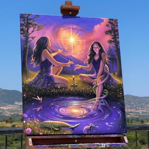 May include: An original painting on an easel depicts two figures in purple dresses, seated in a garden with a swirling galaxy and a bright star. The artwork features a whale, flowers, and a candle, set against a purple and blue sky.