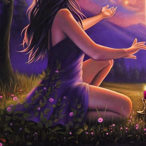 May include: An artistic painting depicts a person in a purple dress adorned with green leaves and pink flowers, kneeling in a field of grass and flowers. The background features a purple and pink sky, a tree, and a body of water. A candle is lit in the background.