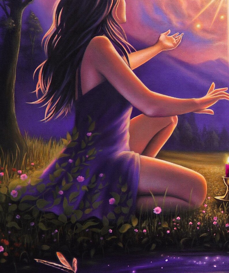 May include: An artistic painting depicts a person in a purple dress adorned with green leaves and pink flowers, kneeling in a field of grass and flowers. The background features a purple and pink sky, a tree, and a body of water. A candle is lit in the background.