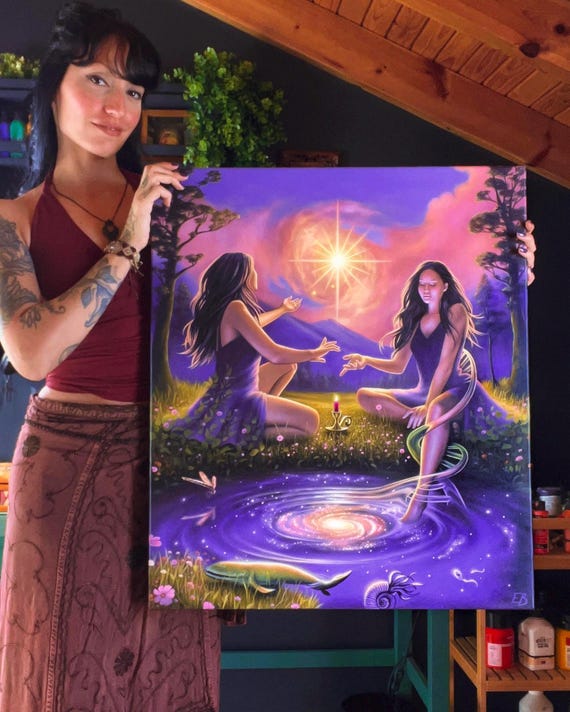 The Theist and the Naturalist - Original Art - Wall Decor Gift Psychedelic Art Faith Purple God Religious Mystical Visionary Dna Evolution