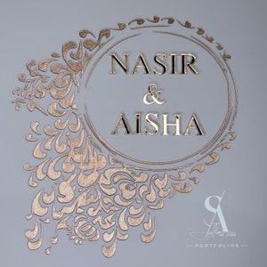 May include: A gold-colored decorative sign with a circular frame and ornate details. The sign reads "NASIR & AISHA" in a bold, sans-serif font.