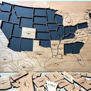 Tablero de lista de deseos de 50 estados de EE. UU. / Lista de verificación de viajes por carretera de EE. UU. / Picos de Estados Unidos / Rastreador de cumbres de mapas de madera