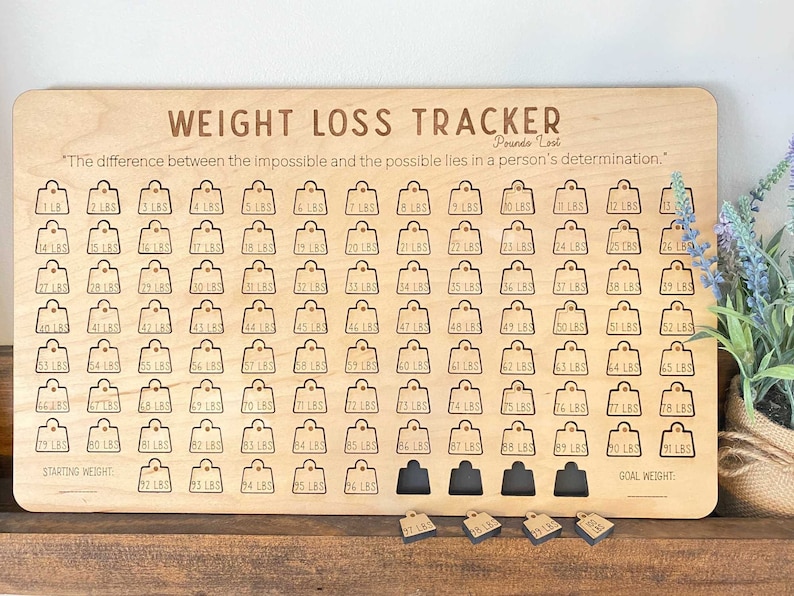 May include: A wooden weight loss tracker with a quote: "The difference between the impossible and the possible lies in a person's determination." The tracker has 96 numbered slots for weight loss tracking, with a starting weight and goal weight section.