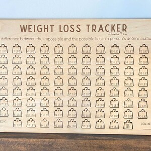 May include: A wooden weight loss tracker with a quote: "The difference between the impossible and the possible lies in a person's determination." The tracker has 100 numbered slots for weight loss tracking, starting at 1 pound and ending at 100 pounds.