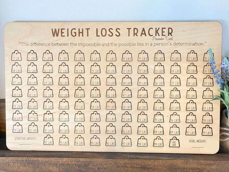May include: A wooden weight loss tracker with a quote: "The difference between the impossible and the possible lies in a person's determination." The tracker has 100 numbered slots for weight loss tracking, starting at 1 pound and ending at 100 pounds.