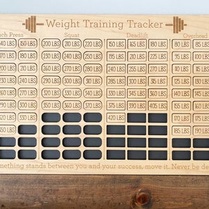 May include: Wooden weight training tracker with a black background and white text. The tracker has four sections: bench press, squat, deadlift, and overhead press. Each section has a grid of squares with weight increments listed in pounds.