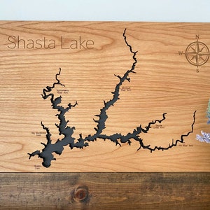 Shasta Lake Laser Cut Map | Custom Wood Map | Shasta Lake California