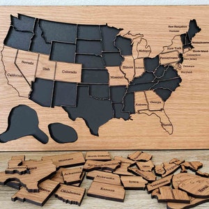 Bekijk alle 50 bucketlistborden in de Verenigde Staten (VS) | Checklist roadtrips in de VS | Puzzeltracker houten kaart Verenigde Staten