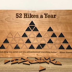 Personalized 52 Hikes in 52 Weeks Peak Bagging Tracker Sign One Hike Per Week Per Year Peak Board Wood Mountain Puzzle Map image 1