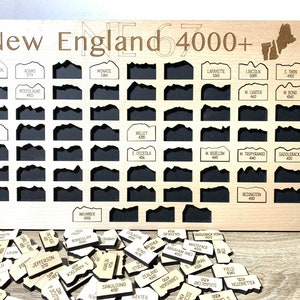 NE 67 White Mountains Peak Bagging-trackerbord | 4.000 ft New England Peak-markeringsbord | Bergkaart Maine, New Hampshire, Vermont Wood