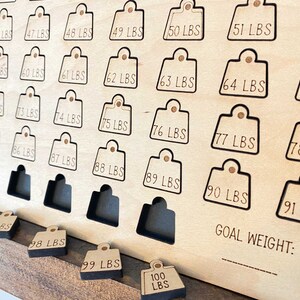 May include: A wooden weight loss tracker with a grid of numbered weight markers from 45 to 100 pounds. The markers are shaped like small weight plates. The tracker has a space to write in a goal weight.