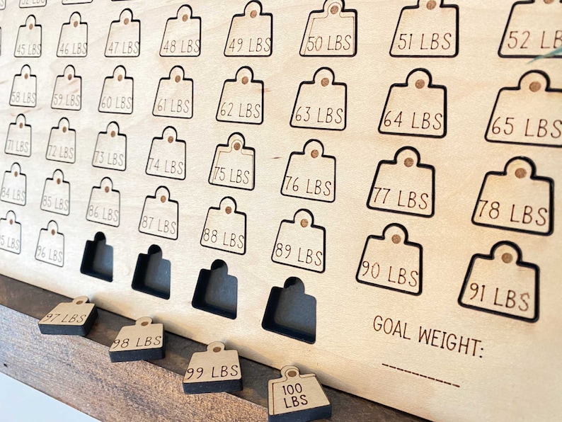 May include: A wooden weight loss tracker with a grid of numbered weight markers from 45 to 100 pounds. The markers are shaped like small weight plates. The tracker has a space to write in a goal weight.