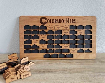 Colorado 14ers Peak Bagging Tracker Sign | 14,000 Ft 58 Mountain Hiking Board | Wood Summit Puzzle Map