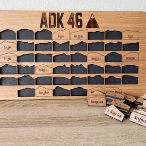 Custom ADK 46ers Peak Bagging Tracker Sign | 4,000 Ft Adirondack Peak Board | Wood Mountain Map