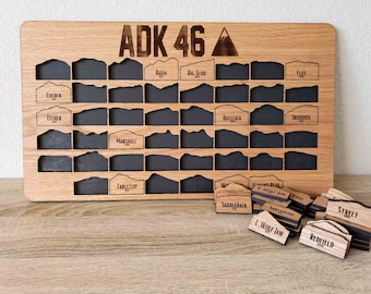 Custom ADK 46ers Peak Bagging Tracker Sign | 4,000 Ft Adirondack Peak Board | Wood Mountain Map