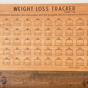 May include: A wooden weight loss tracker with 50 numbered weight increments, from 1 to 50 pounds. The tracker has the text "WEIGHT LOSS TRACKER" and "Pounds Lost" at the top. The text "The difference between the impossible and the possible lies in a person's determination." is below the title. The tracker has the words "STARTING WEIGHT" and "GOAL WEIGHT" at the bottom.