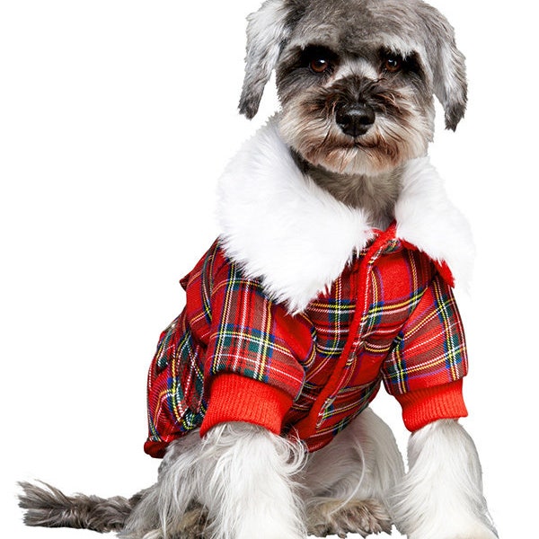 Red White Black Tartan Checked Dog Coat Waterproof Pet Jacket Warm Fur Lined Furry Best Friend Christmas Clothing Animal Pet Xmas Present