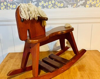 Vintage Wooden Rocking Horse for Toddler, Child, Toy Horse, Yarn