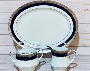 Légendaire par Noritake (4170) Crestwood Cobalt Platinum, vaisselle vintage, motif ancien, plateau ovale, crème et sucre