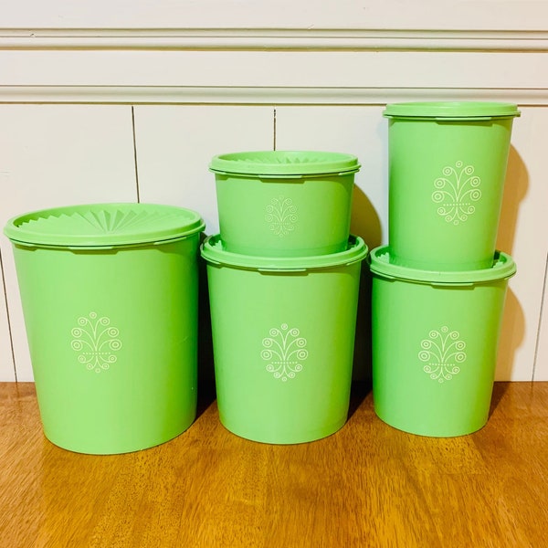 Tupperware Nesting Canisters, Lime Green Daffodil, Servalier Seal, 805, 806, 807, 808, 809, 810, 811, 812, 1298