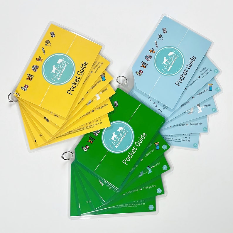 May include: A set of colourful pocket guides with the title "Nursing Knowhow" printed on each page. The guides are arranged in a fan shape and feature a blue, green, and yellow colour scheme.