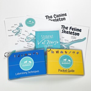 May include: A set of veterinary study guides for student vet nurses. The guides are blue and yellow with the Nursing Knowhow logo. The guides include a pocket guide, a laboratory techniques guide, and a student vet nurse log book. The guides also include illustrations of canine and feline skeletons.