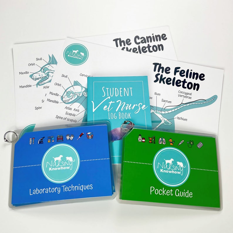 May include: A set of four blue and green laminated guides for veterinary students. The guides are titled "Student Vet Nurse Log Book", "Laboratory Techniques", "Pocket Guide", and "The Canine Skeleton". The guides feature a dog and cat skeleton illustration and the text "Nursing Knowhow".