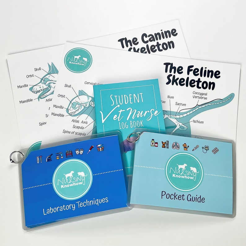 May include: A set of four blue and white pocket guides for veterinary students. The guides are titled "Student Vet Nurse Log Book", "Laboratory Techniques", "Pocket Guide", and "Nursing Knowhow". The guides feature illustrations of canine and feline skeletons.