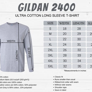 Op de afbeelding: Een grijs longsleeve t-shirt met het label Gildan 2400 Ultra Cotton Long Sleeve T-Shirt. De maattabel toont de afmetingen in inches voor maten S tot en met 5XL.