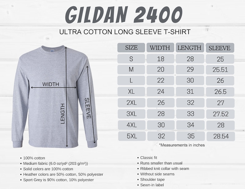 Op de afbeelding: Een grijs longsleeve t-shirt met het label Gildan 2400 Ultra Cotton Long Sleeve T-Shirt. De maattabel toont de afmetingen in inches voor maten S tot en met 5XL.