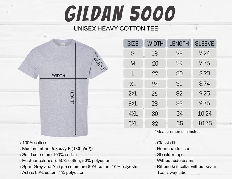 Op de afbeelding: Een grijs Gildan 5000 unisex zwaar katoenen T-shirt met een maattabel die de afmetingen in inches laat zien voor maten S tot en met 5XL. De tabel toont breedte, lengte en mouwlengte.
