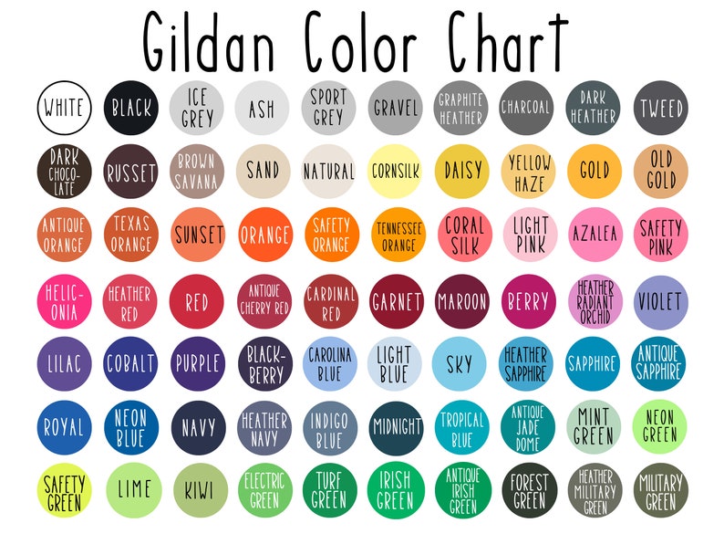 Op de afbeelding: Gildan Kleurenkaart met een verscheidenheid aan kleuren in een rasterformaat. De kleuren omvatten wit, zwart, ijsgrijs, as, sportgrijs, grind, grafiet-melange, antraciet, donker-melange, tweed, donker-chocolade, roestbruin, bruine savanne, zand, natuur, ma&iuml;s, madeliefje, gele mist, goud, oud goud, antiek oranje, texas oranje, zonsondergang, oranje, veiligheidsoranje, tennessee oranje, koraal zijde, lichtroze, azalea, veiligheidsroze, heliconia, heide-rood, rood, antiek kersenrood, kardinaalrood, granaat, wijnrood, bes, heide-stralend-orchidee, violet, lila, kobalt, paars, zwart-bes, carolina blauw, lichtblauw, hemelblauw, heide-saffier, saffier, antiek saffier, koninklijk blauw, neonblauw, marineblauw, heide-marineblauw, indigo blauw, middernachtblauw, tropisch blauw, antiek jade koepel, mintgroen, neongroen, veiligheidsgroen, limoen, kiwi, elektrisch groen, gazon groen, irisch groen, antiek irisch groen, bos groen, heide-militair groen, militair groen.