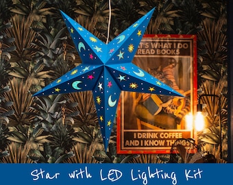 Kit Luz de Estrellas de Papel Azul: Linterna de Luna y Estrellas Azules + Iluminación LED USB - Ecológico y Versátil