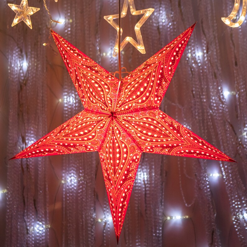 Linterna de estrella roja / Pantalla de estrella / Luz de estrella de papel / Decoración de ventana de Navidad / Pantalla de estrella hecha a mano / Luz de estrella colgante roja imagen 6