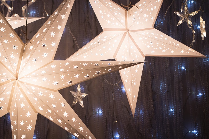 Weiße Papier-Stern-Laternen 3er Set Weihnachtsstern Lichter Skandinavische Sterne Weihnachtliche Fensterdeko Handgemachte Stern-Laterne Bild 3