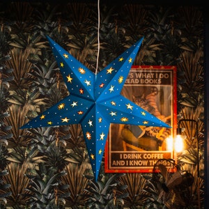 May include: A large, blue star-shaped paper lantern with cut-out star and dot patterns, lit from within. The lantern hangs from a white cord against a tropical leaf patterned wallpaper. A framed poster with a cat and text is visible.