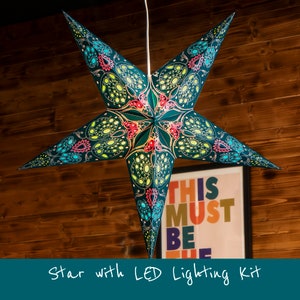 Stella con luci LED: Lanterna a forma di stella di carta Boho Teal con LED bianco caldo alimentato tramite USB