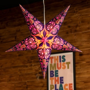 Lanterna a forma di stella di carta / Paralume viola e oro / Luce a forma di stella di carta / Decorazione per finestre di Natale / Paralume a forma di stella fatto a mano
