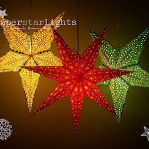 Lanterne di carta a forma di stella / Set di 3 / Paralumi arcobaleno / Decorazione per finestre di Natale / Paralume a forma di stella fatto a mano / Stelle luminose di carta