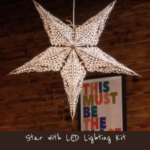Black and White Paper Star Lantern with LED Lighting Kit - Handcrafted Celestial Decor